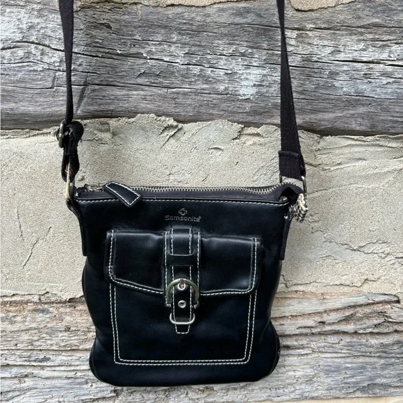 Samsonite Vintage Black Leather Crossbody Bag - Picture 1 of 7